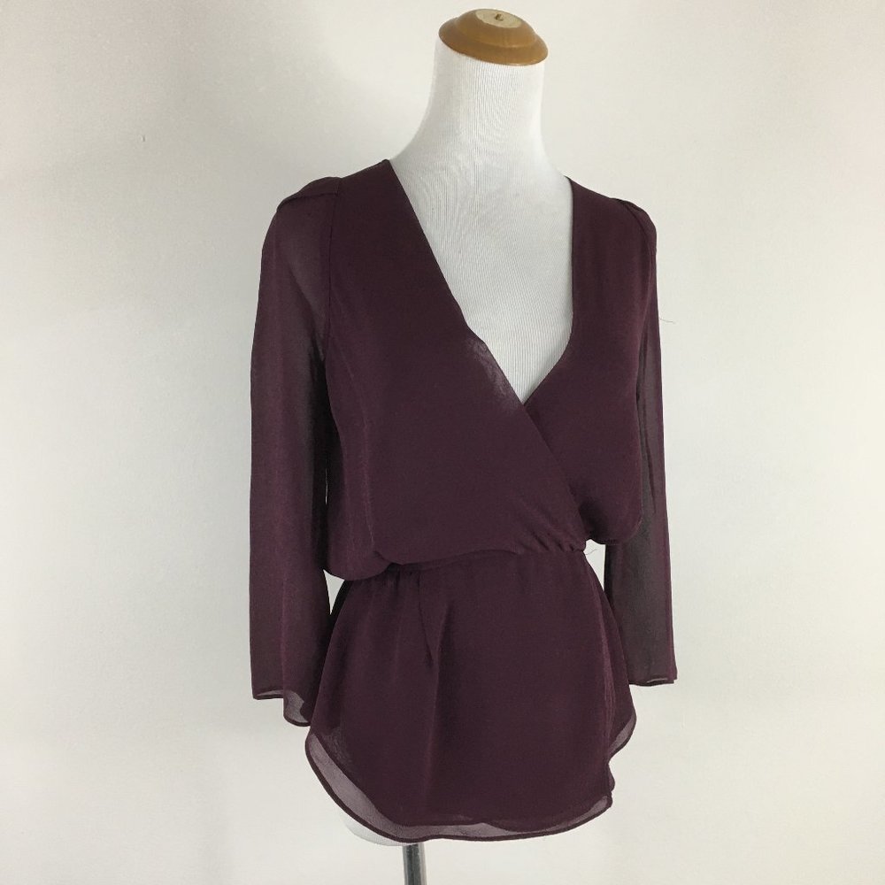 BABATON Aritzia Plum 100% Silk Long Sleeve V Neck Elastic Waist Peplum Shirt
